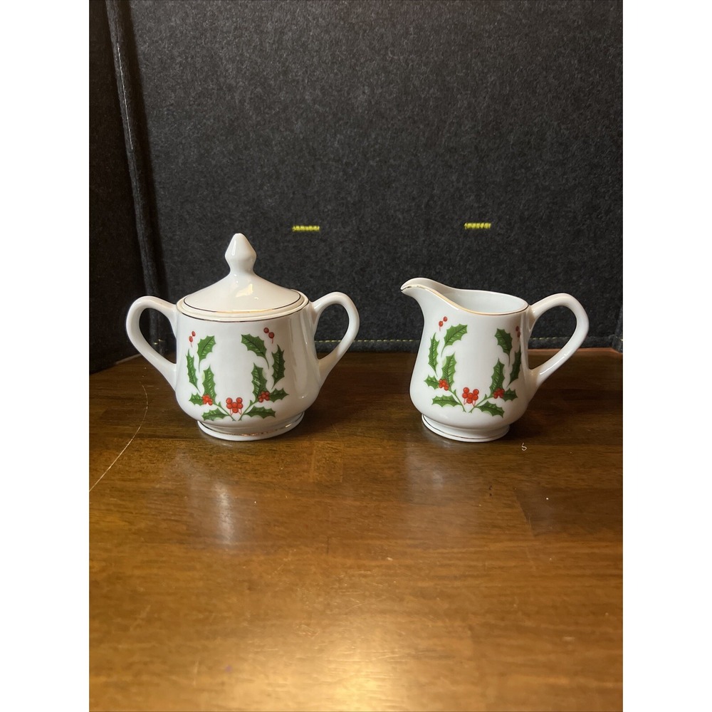 Vtg Holly on White Creamer + Sugar Bowl Lid Christmas Holiday China Winter